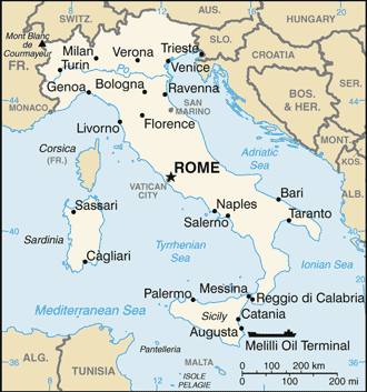 Italy: CIA World Factbook map from 2021; original boundary notes preserved.